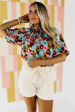 The Mikayla Puff Button Back Watercolor Print Blouse - FINAL SALE
