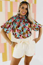 The Mikayla Puff Button Back Watercolor Print Blouse - FINAL SALE