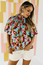The Mikayla Puff Button Back Watercolor Print Blouse - FINAL SALE