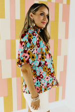 The Mikayla Puff Button Back Watercolor Print Blouse - FINAL SALE