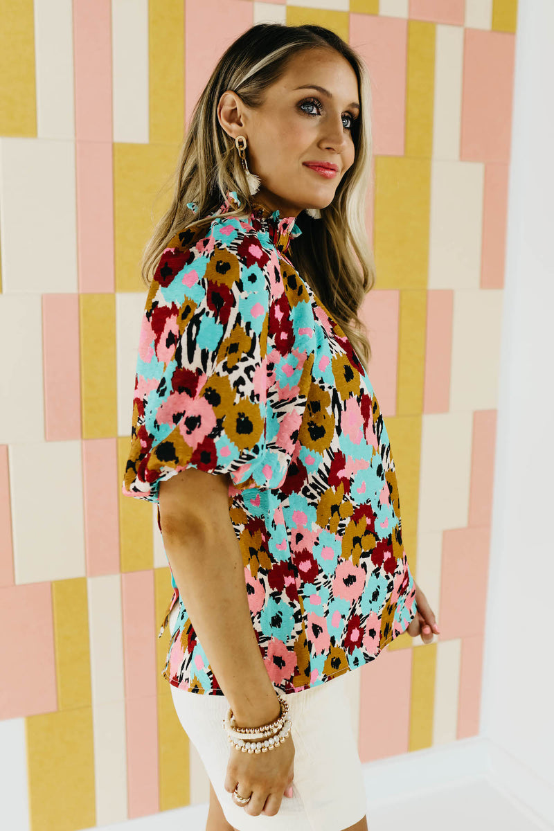 The Mikayla Puff Button Back Watercolor Print Blouse - FINAL SALE