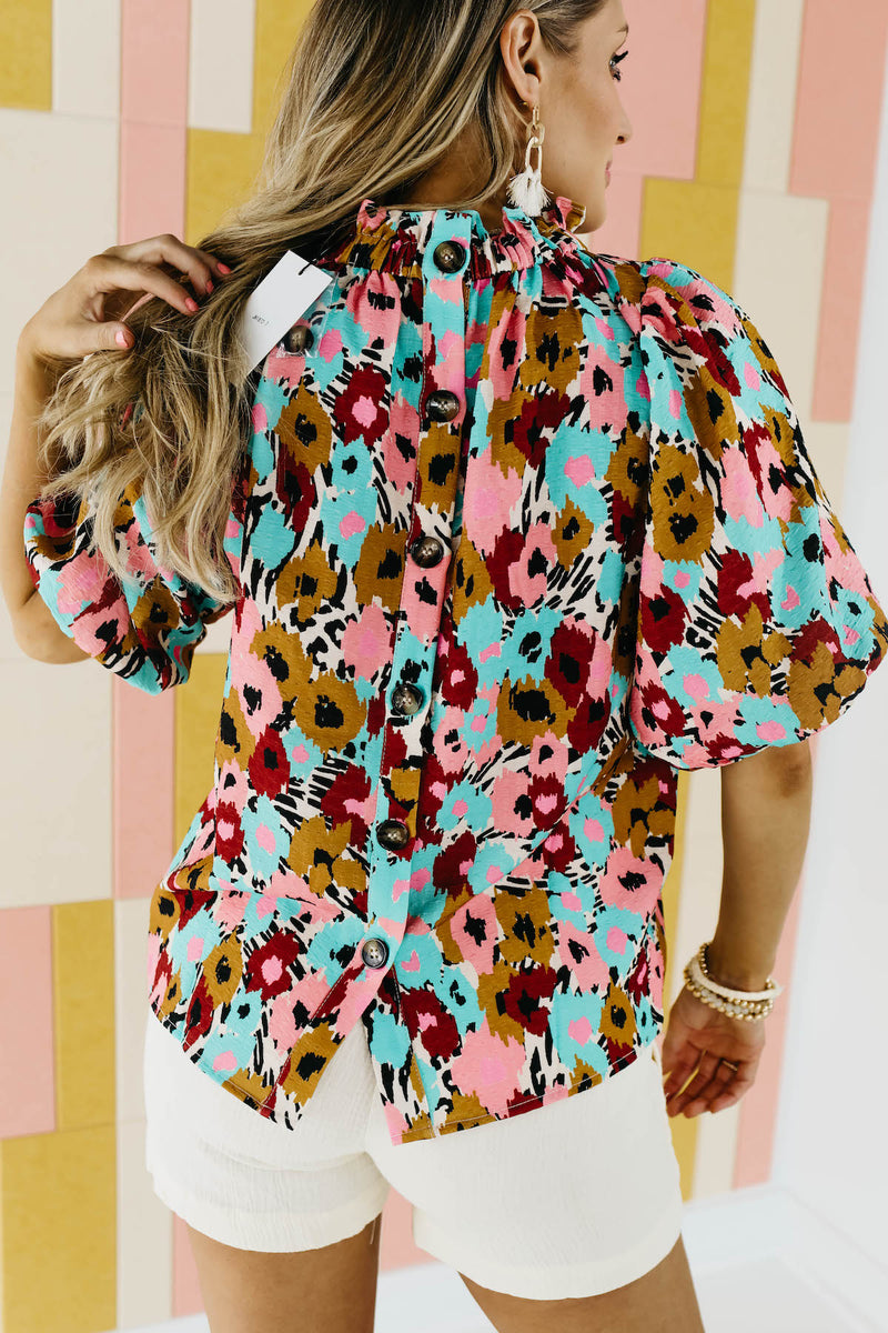 The Mikayla Puff Button Back Watercolor Print Blouse - FINAL SALE
