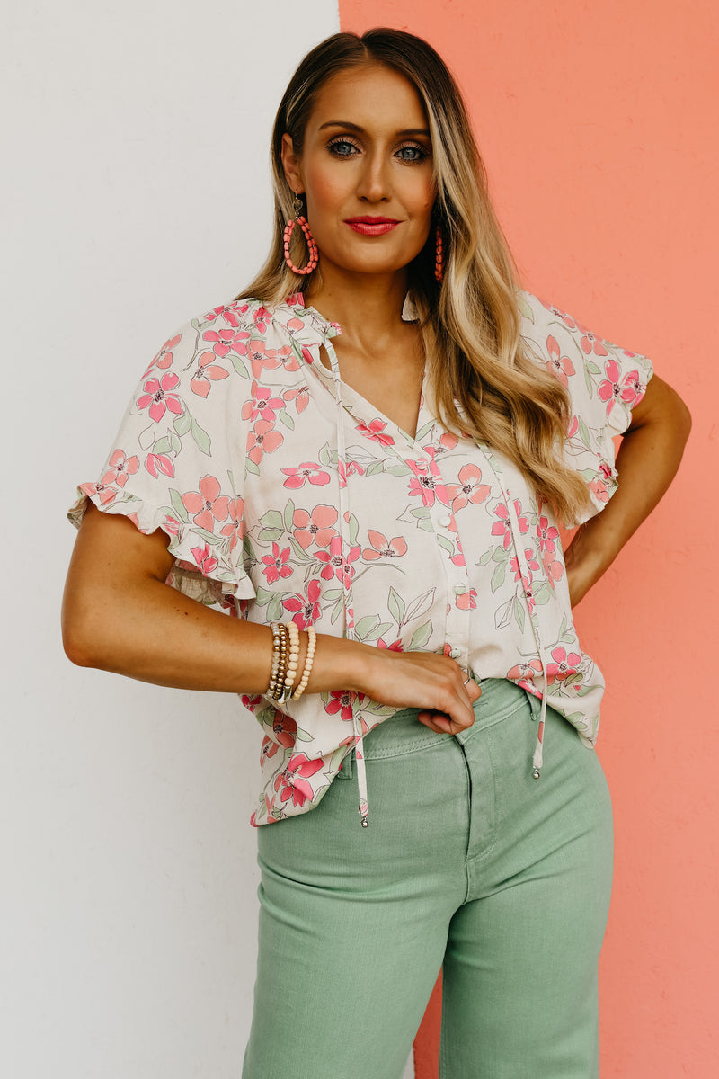 The Quentin Linen Floral Ruffle Sleeve Top