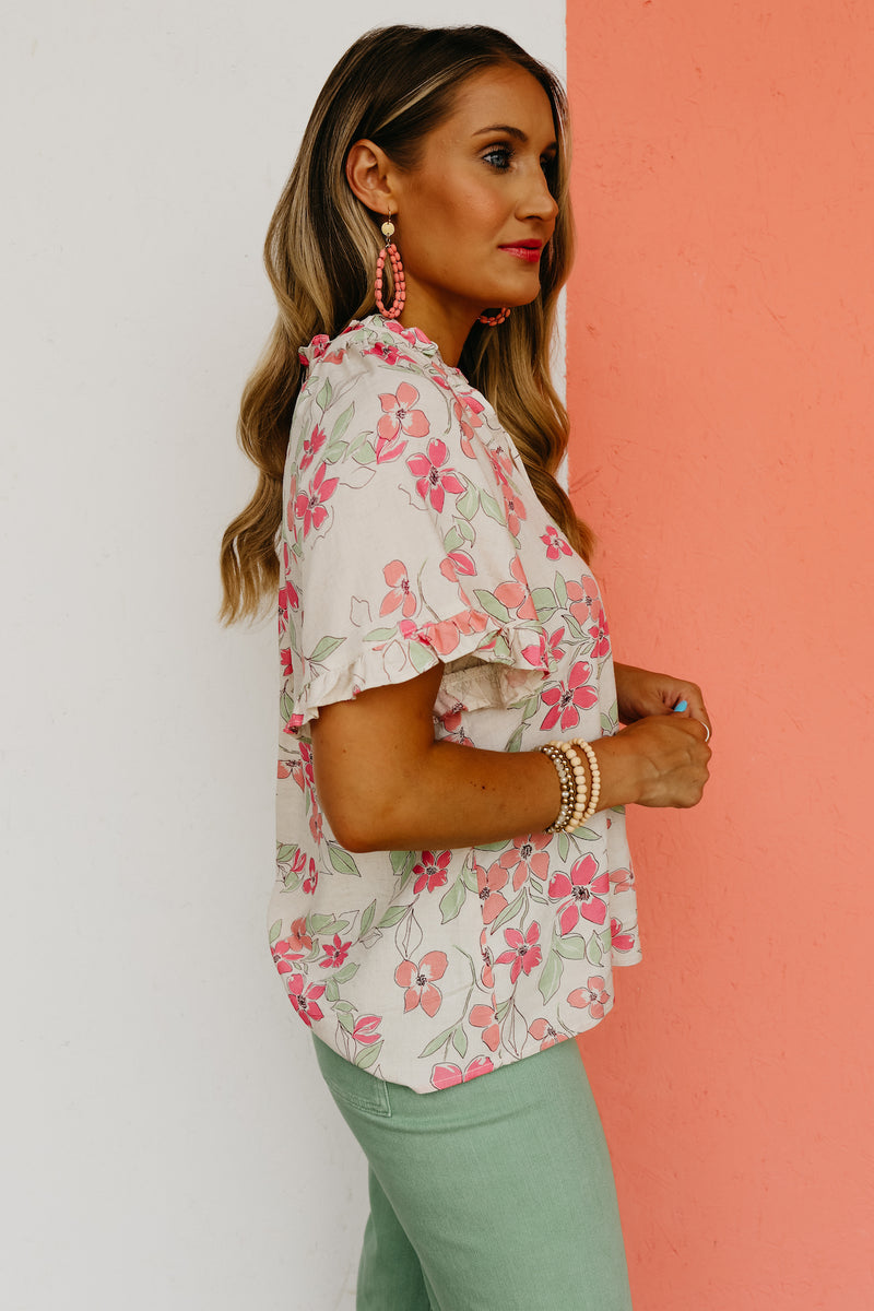 The Quentin Linen Floral Ruffle Sleeve Top