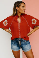The Imani Embroidered Floral Bubble Sleeve Top