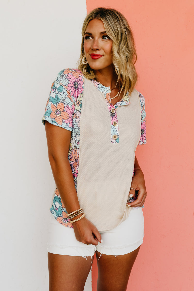 The Breckan Floral Waffle Henley Top