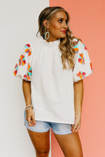 The Laurel Embroidered Puff Sleeve Button Back Top