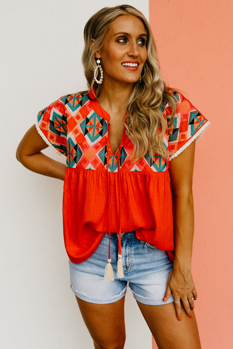 The Kaliyah Embroidered Tassel Tie Top