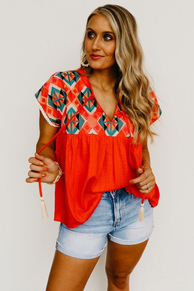 The Kaliyah Embroidered Tassel Tie Top