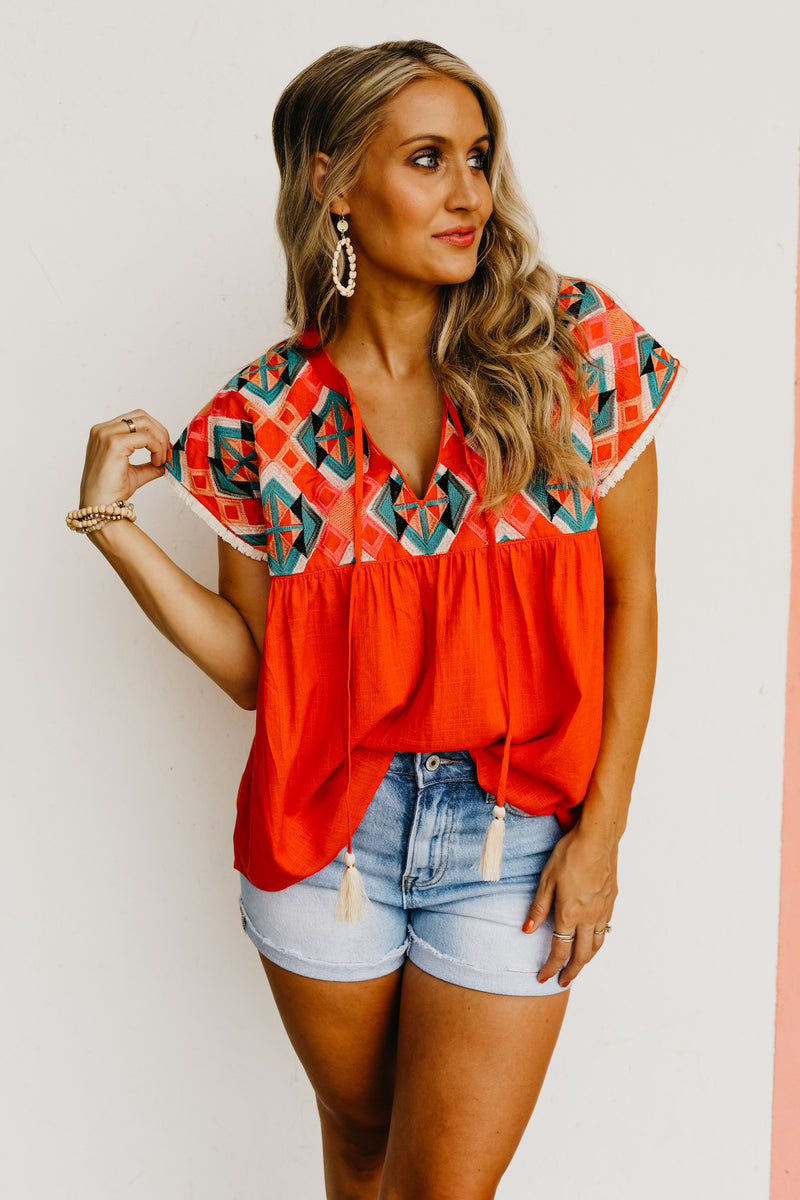 The Kaliyah Embroidered Tassel Tie Top
