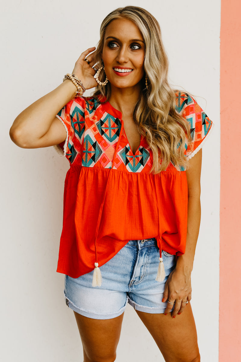 The Kaliyah Embroidered Tassel Tie Top