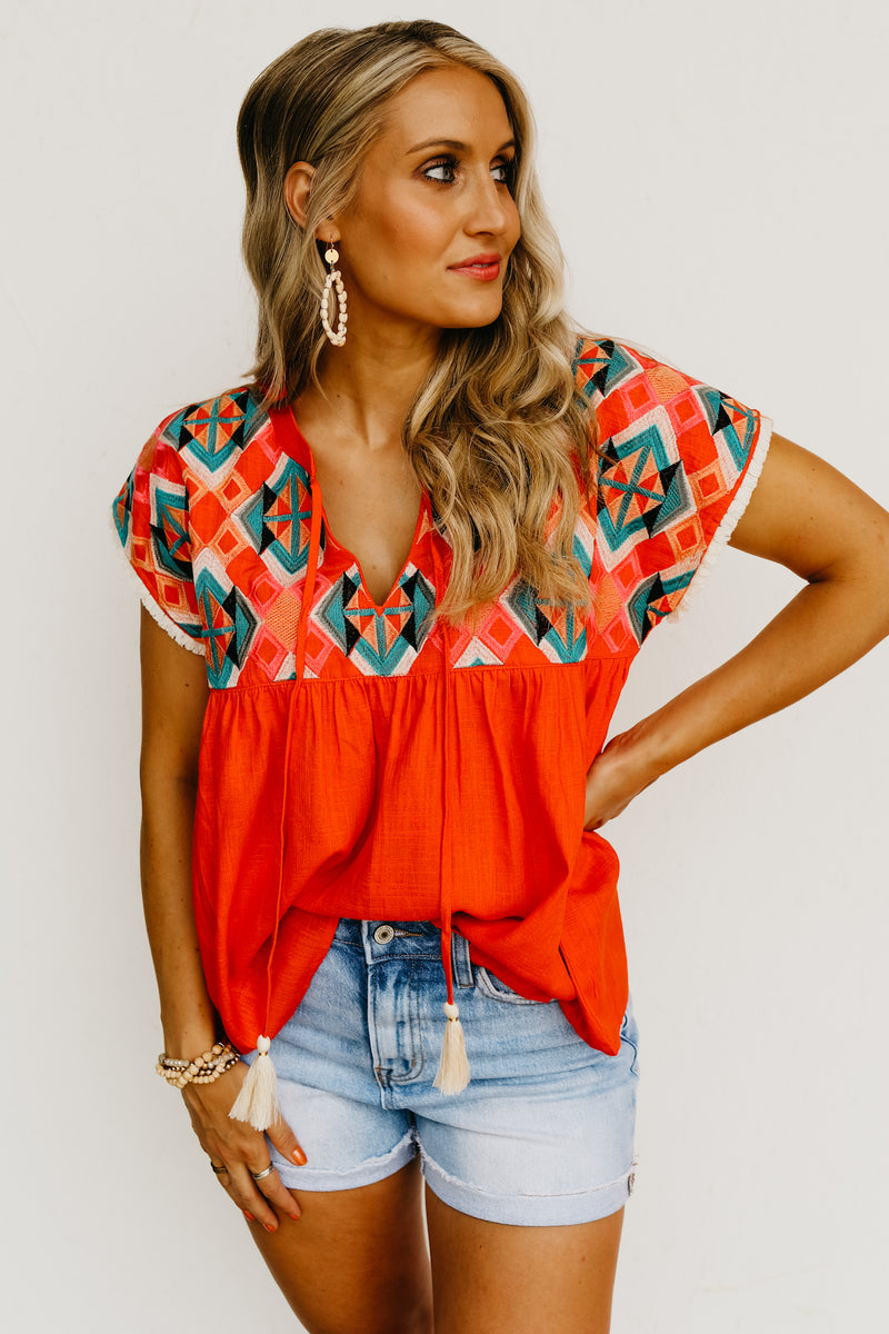 The Kaliyah Embroidered Tassel Tie Top