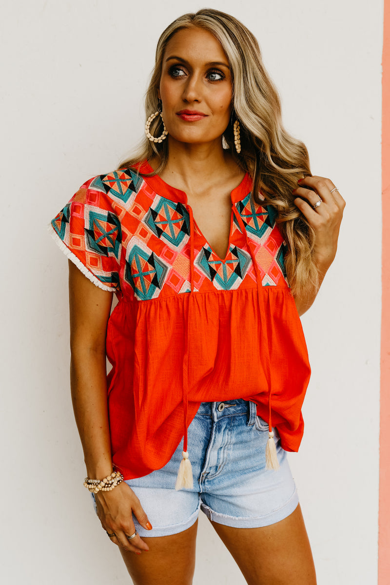 The Kaliyah Embroidered Tassel Tie Top