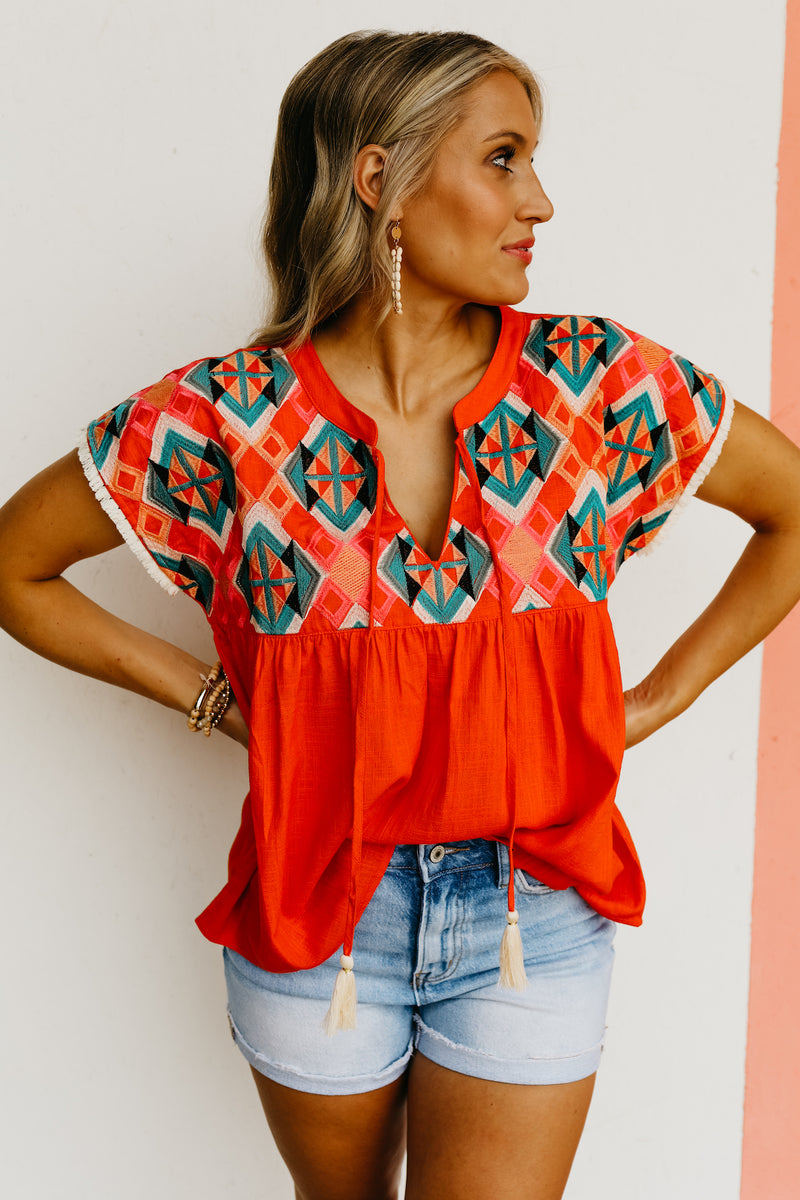 The Kaliyah Embroidered Tassel Tie Top