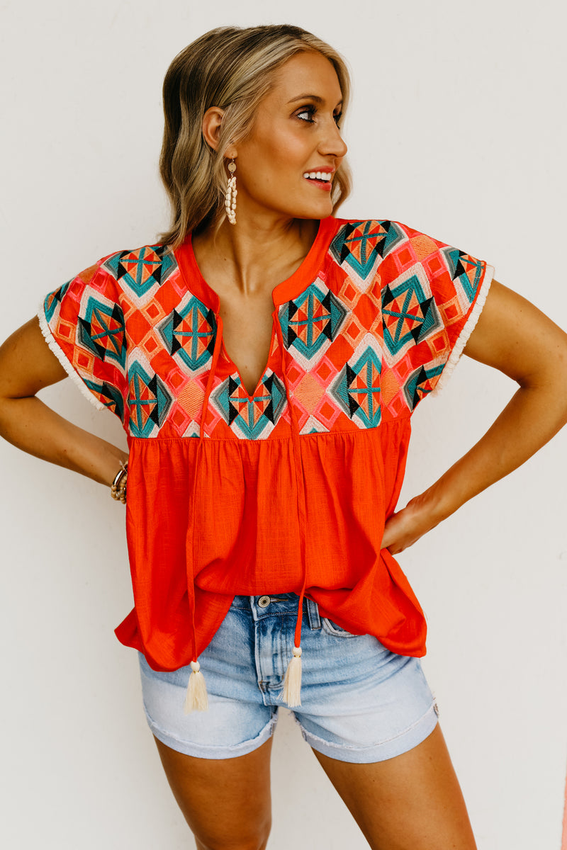 The Kaliyah Embroidered Tassel Tie Top