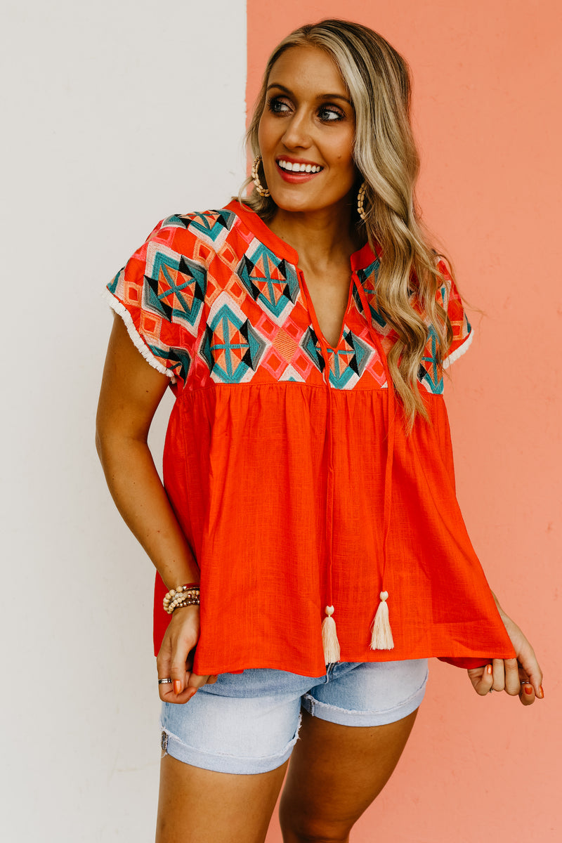 The Kaliyah Embroidered Tassel Tie Top