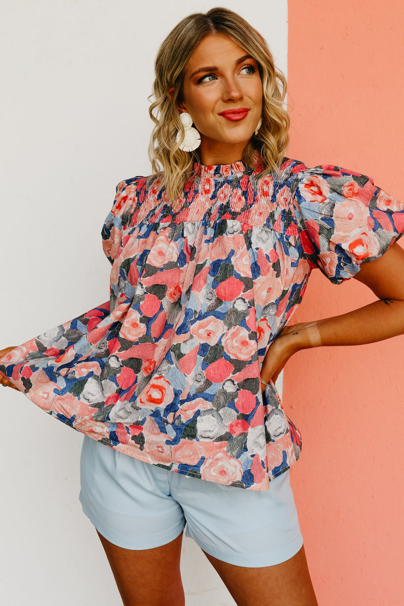 The Lilith Smocked Watercolor Smock Top
