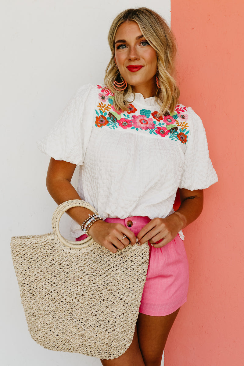 The Lewis Puff Sleeve Quilted Embroidered Top