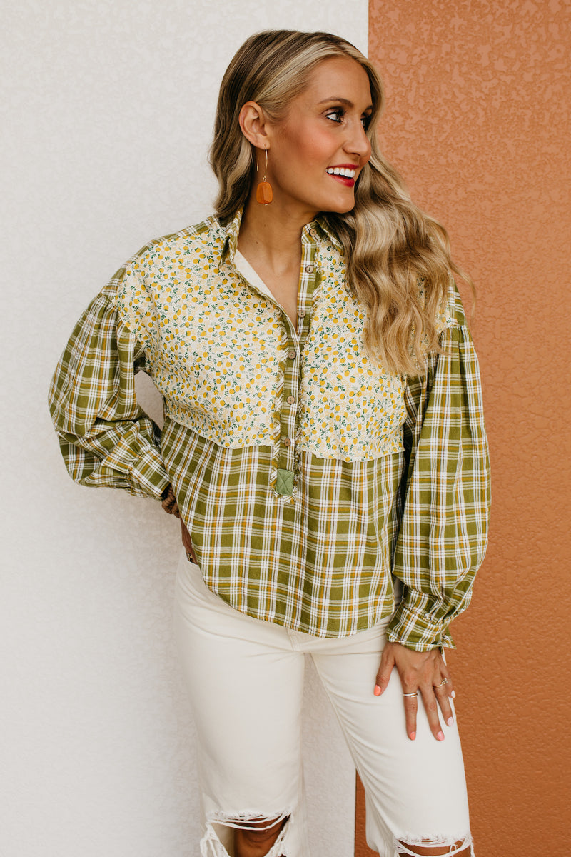 The Alena Mixed Media Floral Button Down Shirt