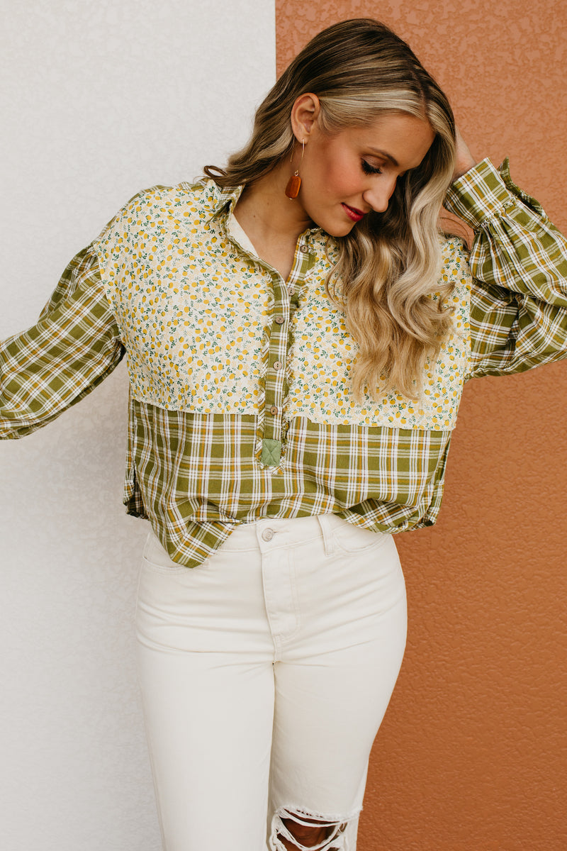 The Alena Mixed Media Floral Button Down Shirt