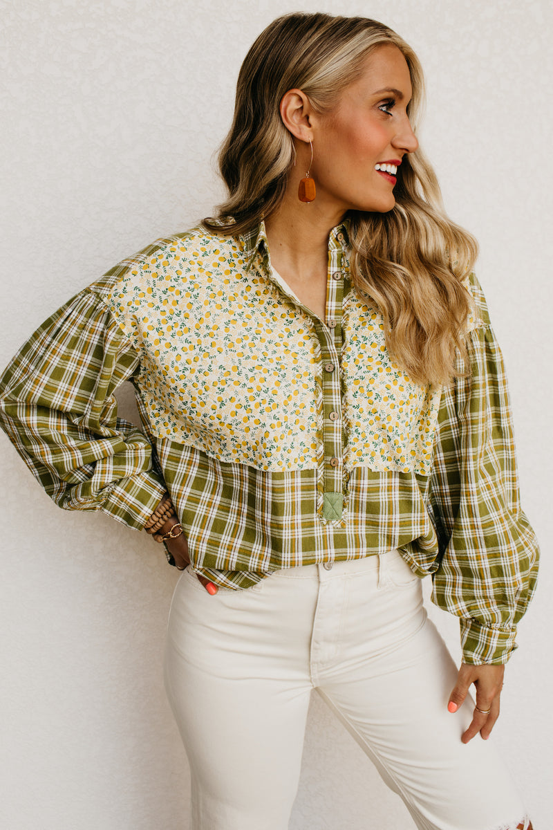 The Alena Mixed Media Floral Button Down Shirt