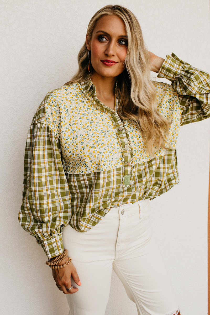 The Alena Mixed Media Floral Button Down Shirt