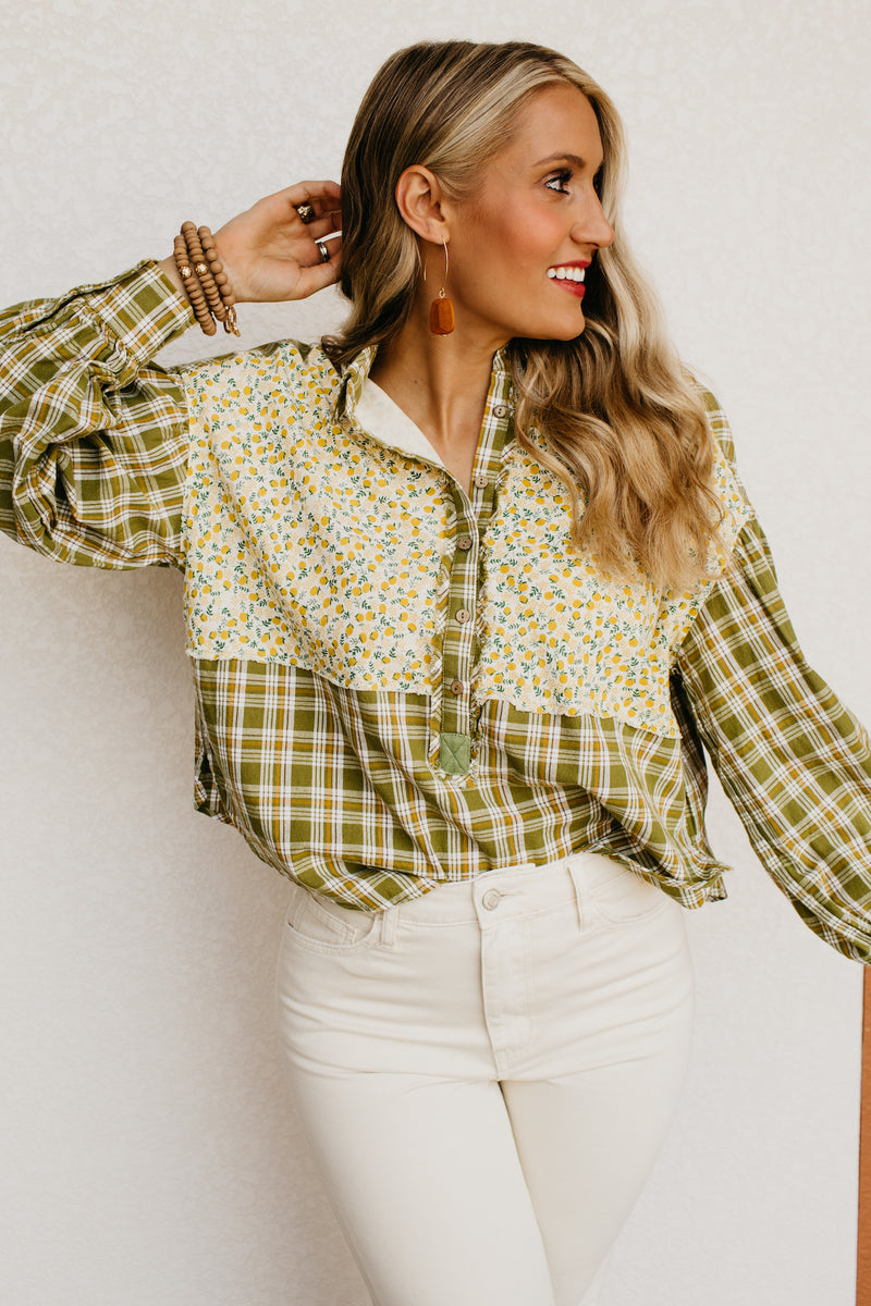 The Alena Mixed Media Floral Button Down Shirt