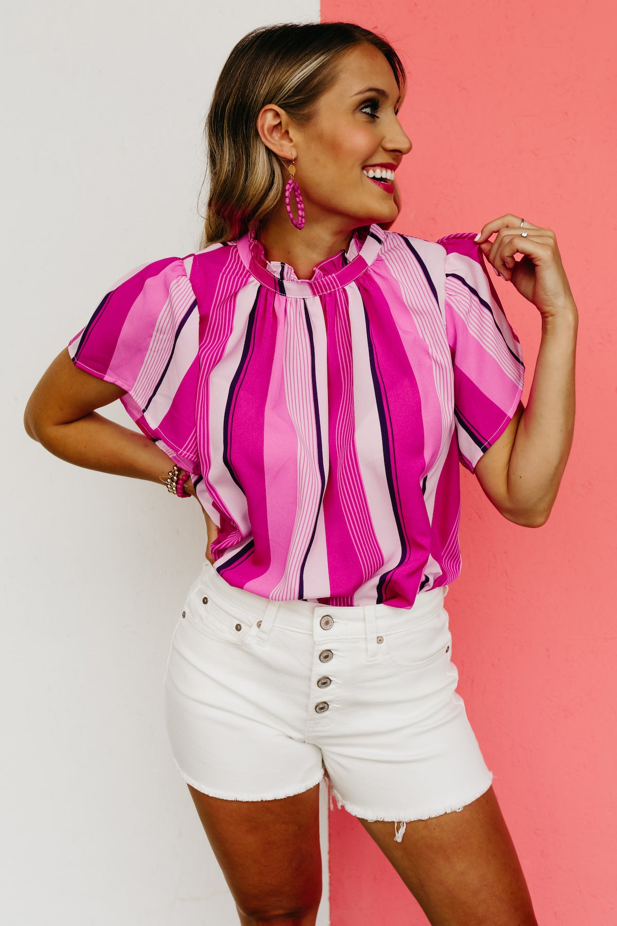 The Davis Flutter Sleeve Striped Blouse - FINAL SALE