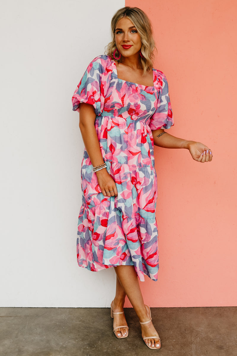 The Michaela Puff Sleeve Floral Midi Dress