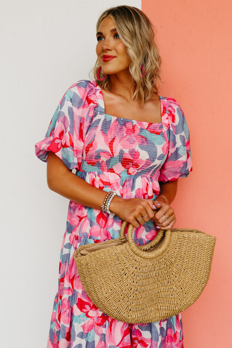The Michaela Puff Sleeve Floral Midi Dress