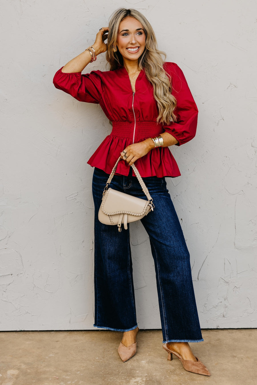 The Keyla Smocked Zip Top