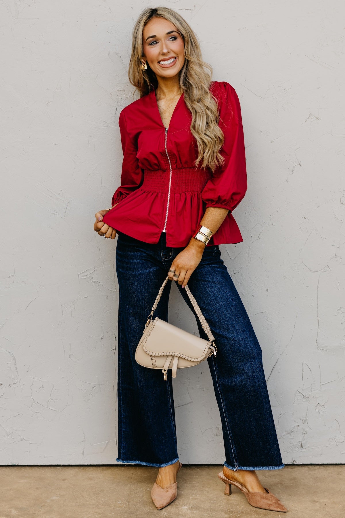 The Keyla Smocked Zip Top