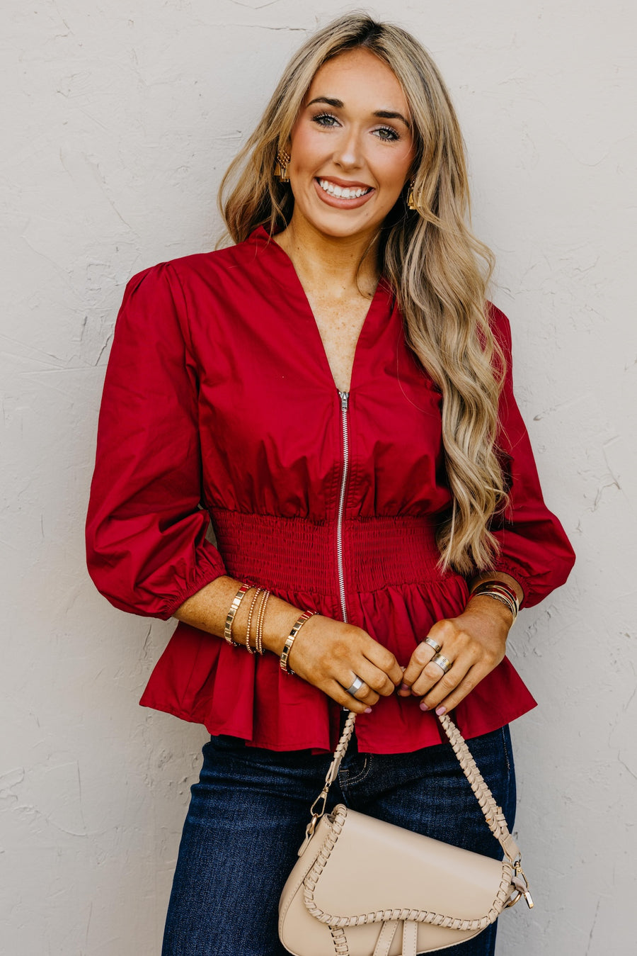 The Keyla Smocked Zip Top