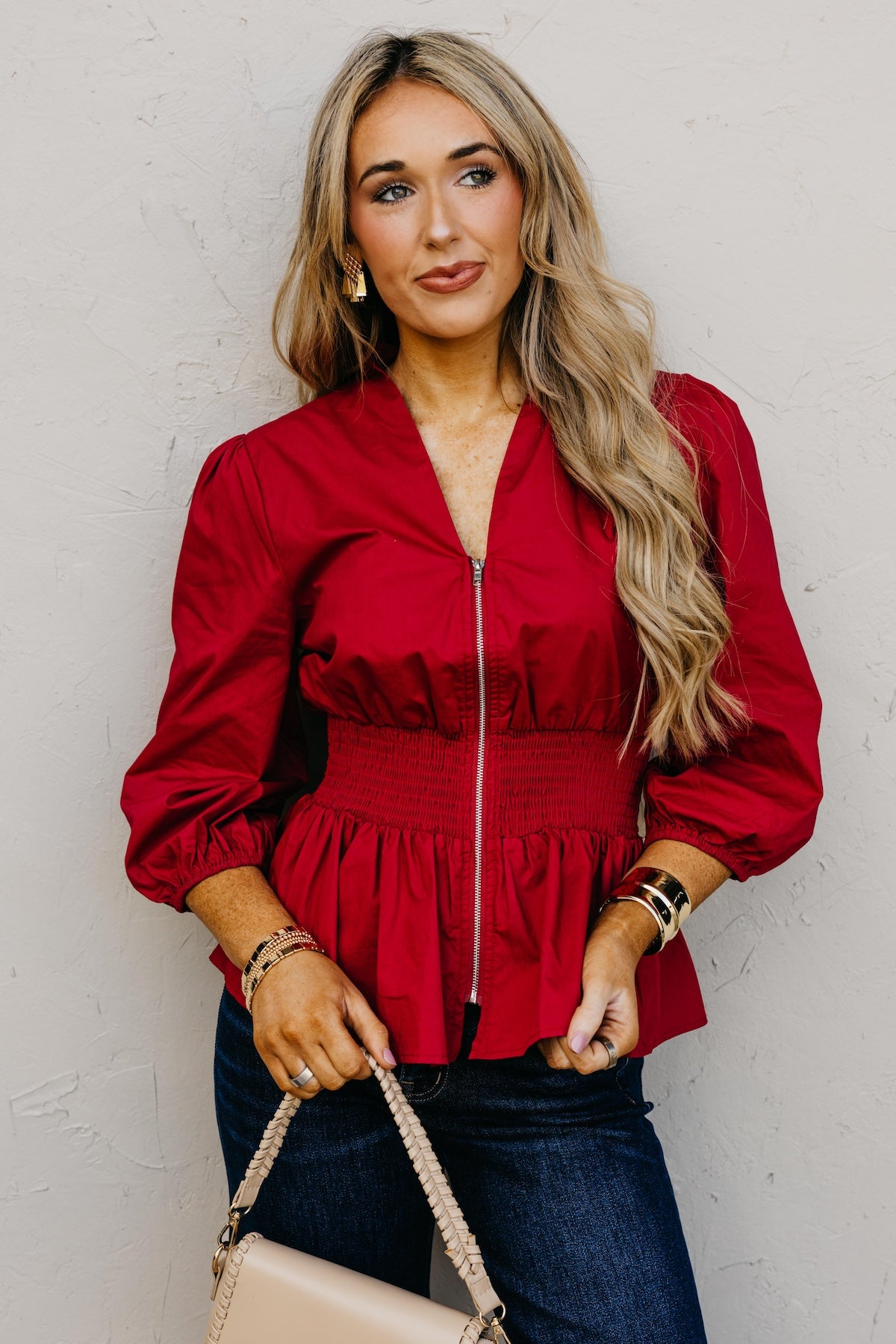 The Keyla Smocked Zip Top