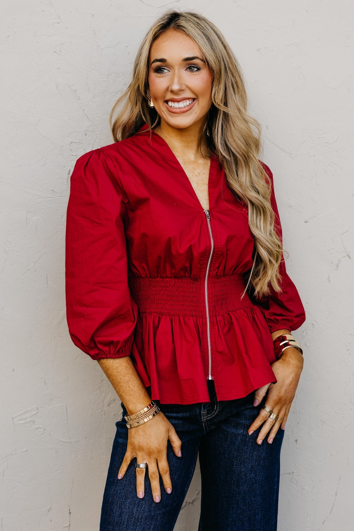 The Keyla Smocked Zip Top