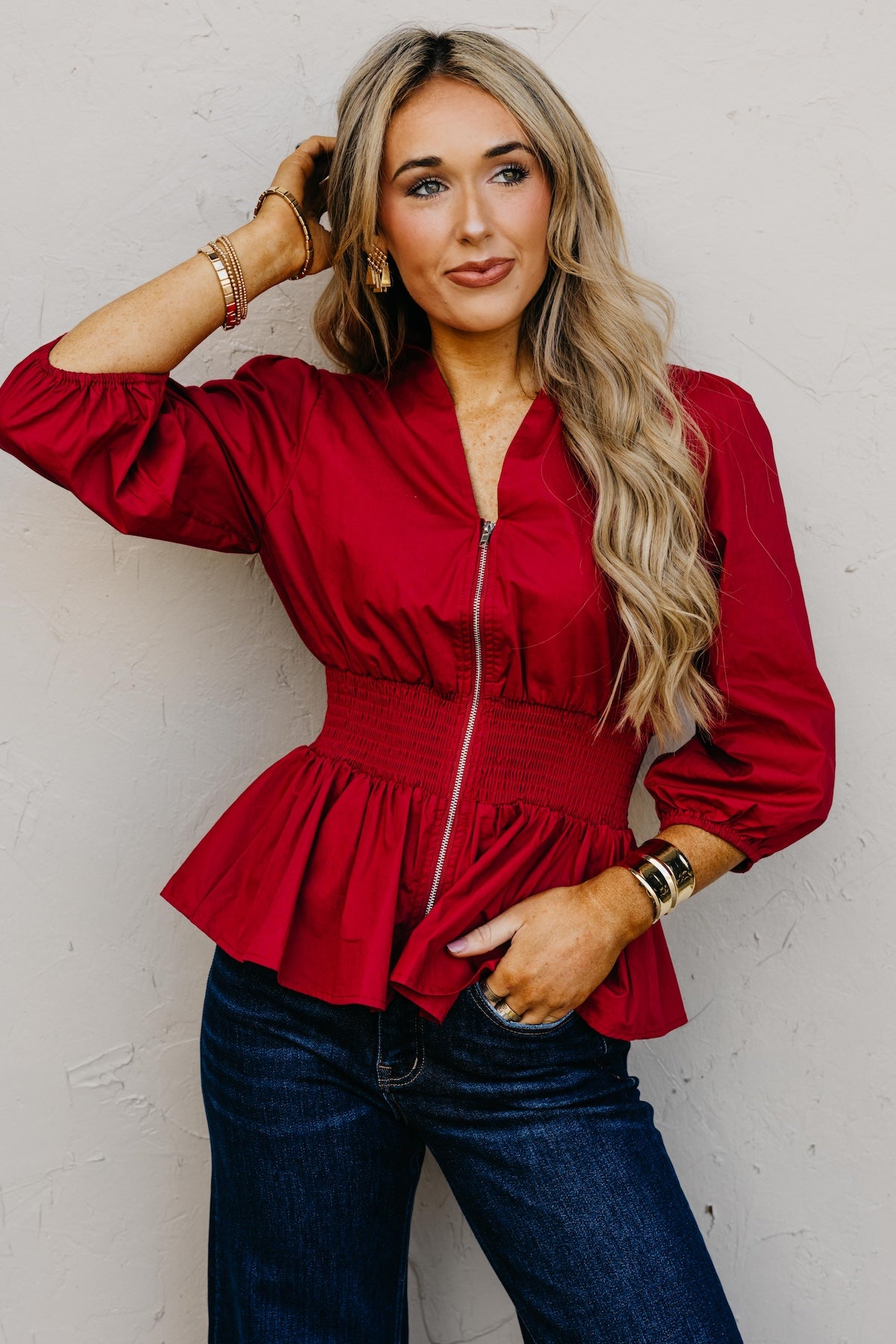 The Keyla Smocked Zip Top