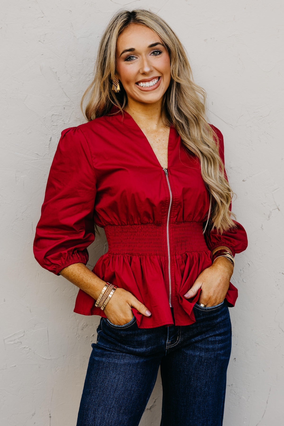 The Keyla Smocked Zip Top
