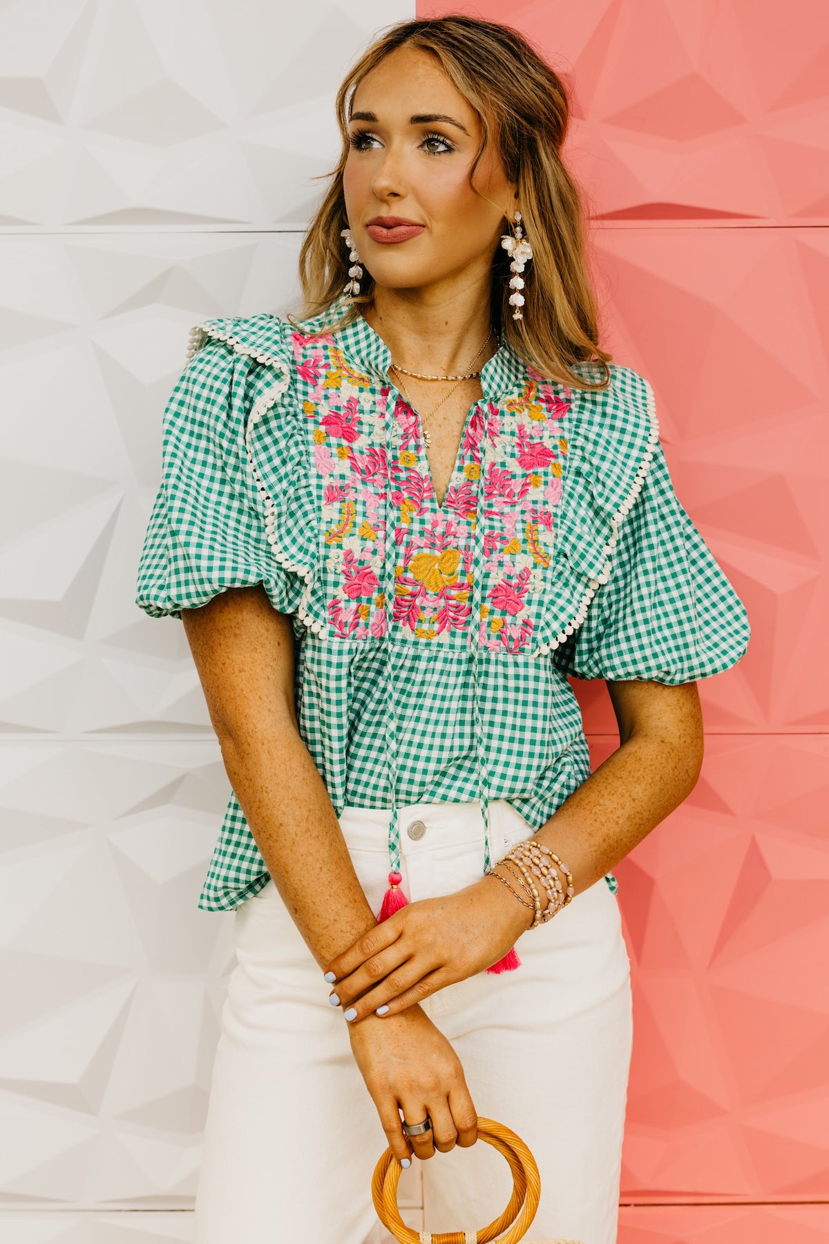 The Hallie Embroidered Gingham Top