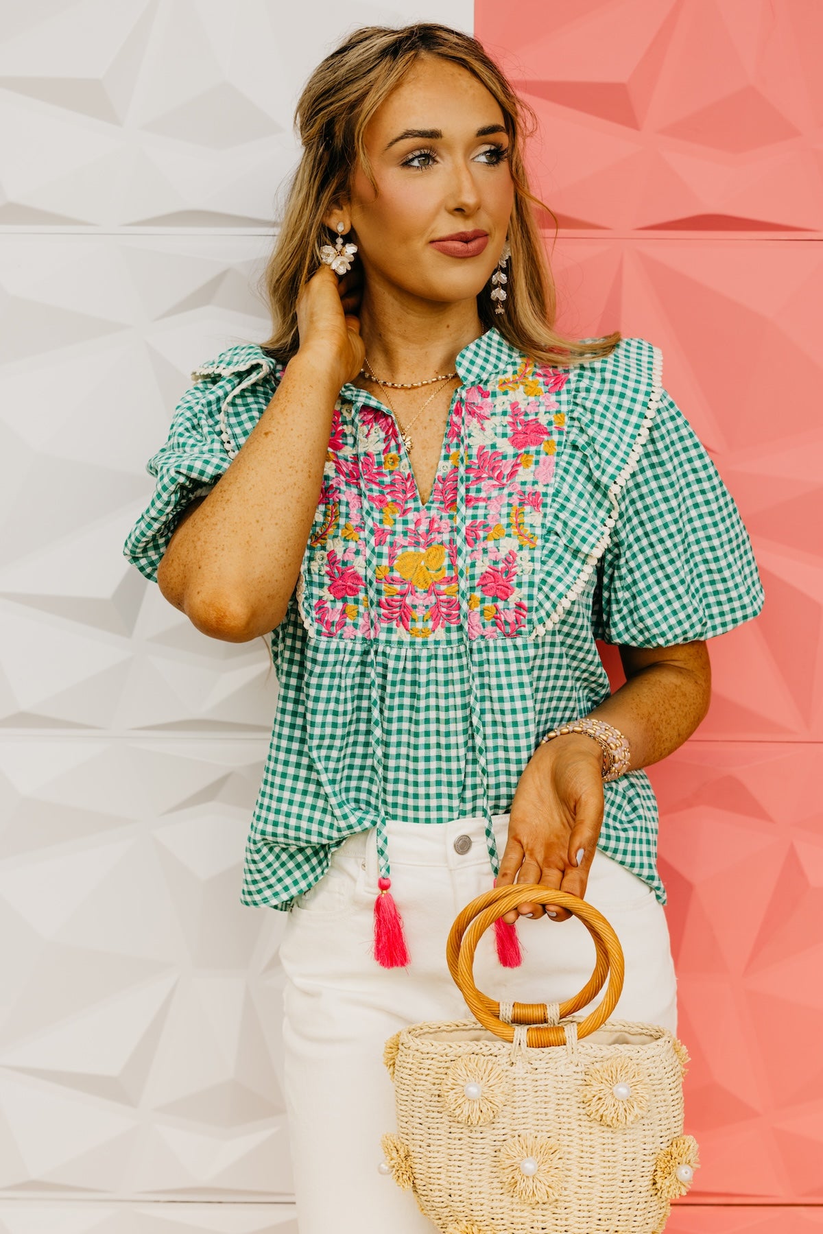 The Hallie Embroidered Gingham Top