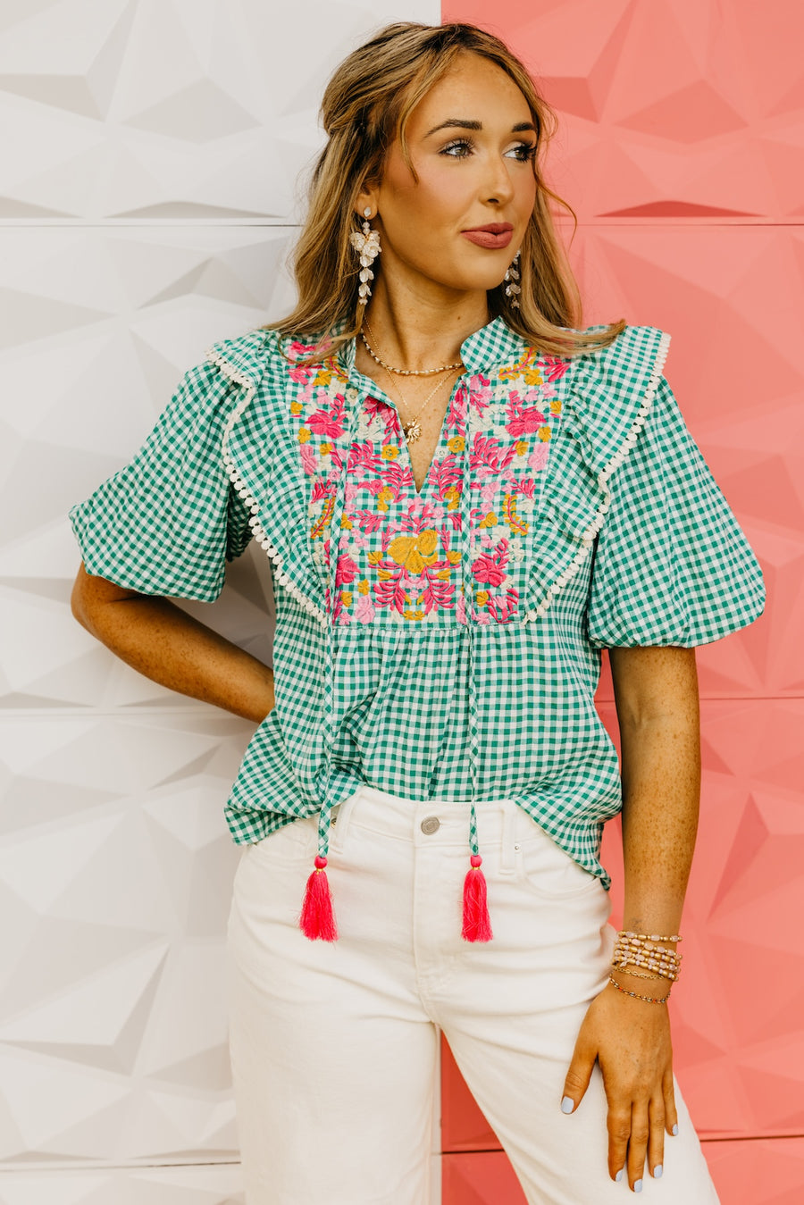 The Hallie Embroidered Gingham Top