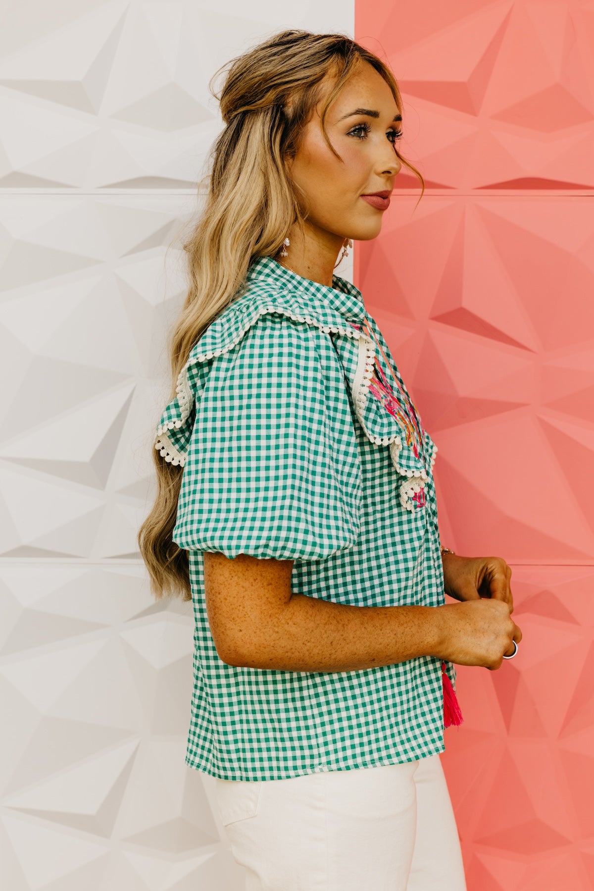 The Hallie Embroidered Gingham Top