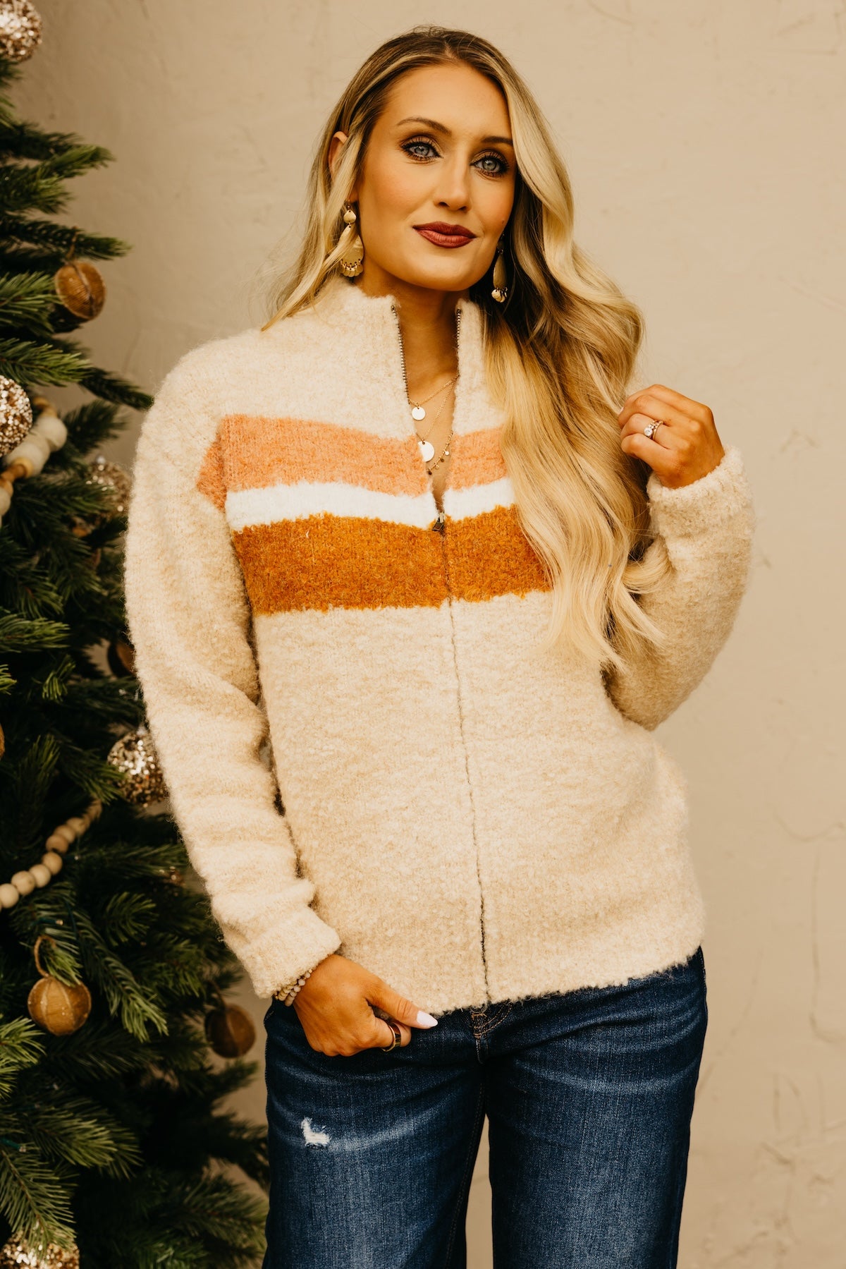 Orange Top White Jeans Black Coat The Greta Stripe Sweater Jacket