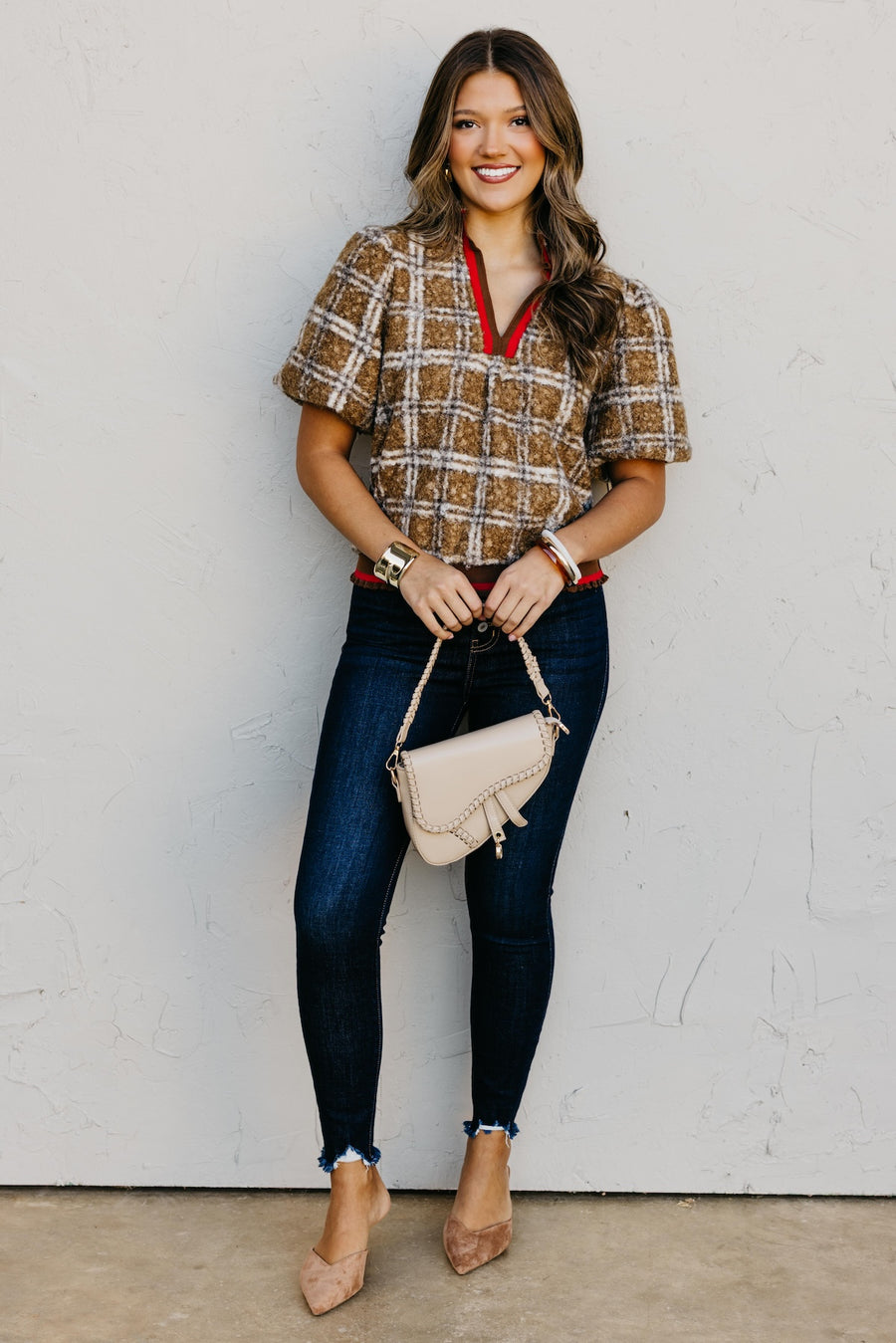 The Kynn Striped Band Detailed Plaid Sherpa Top