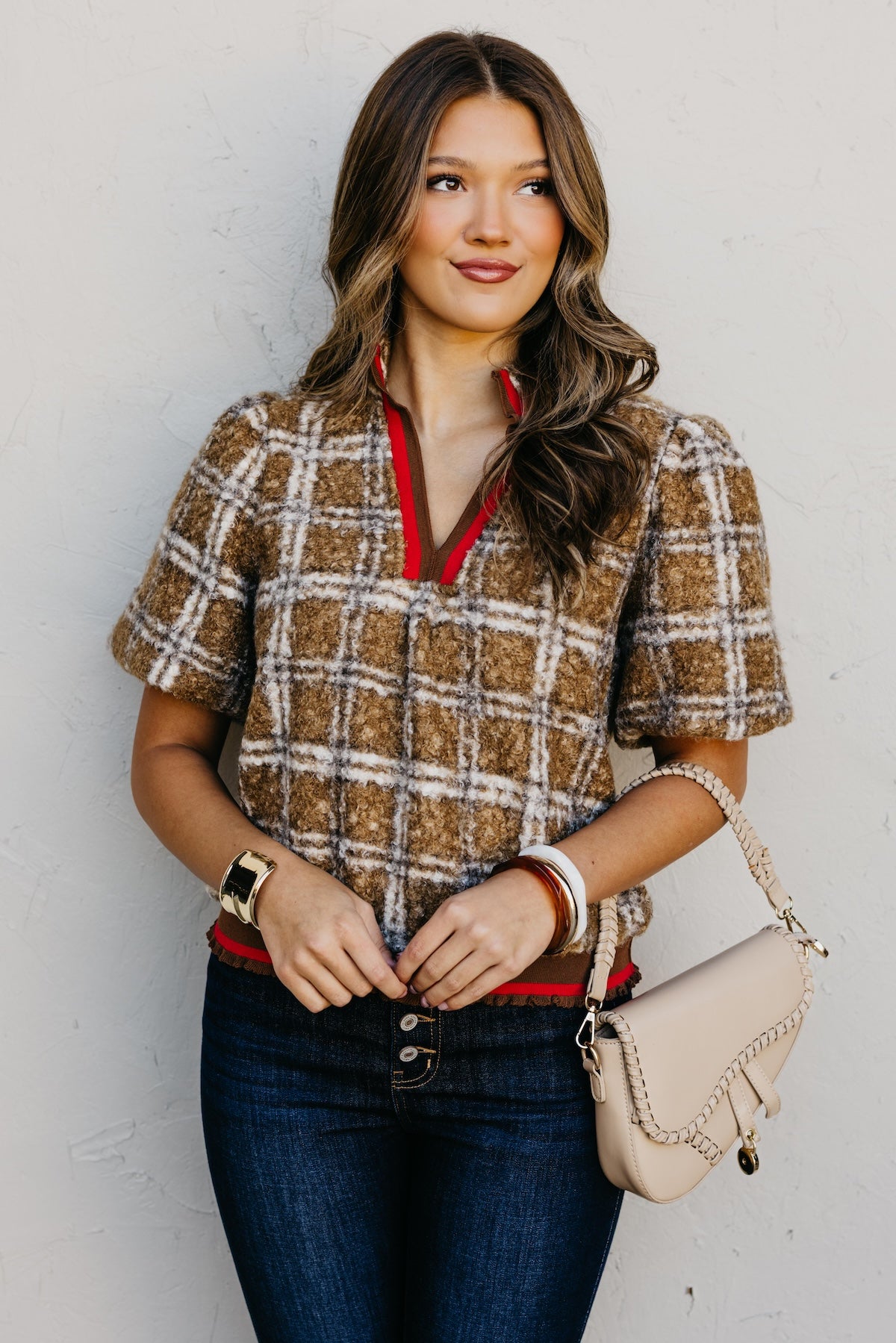 The Kynn Striped Band Detailed Plaid Sherpa Top