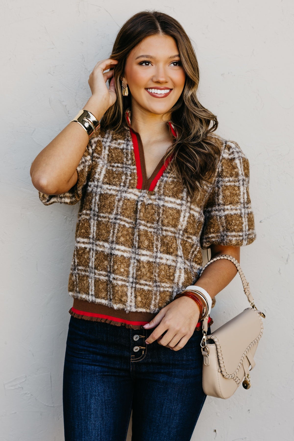 The Kynn Striped Band Detailed Plaid Sherpa Top