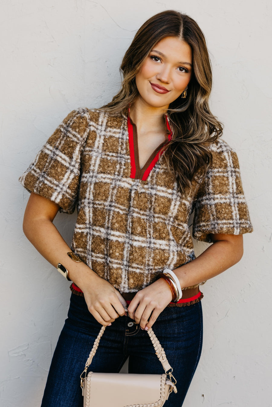 The Kynn Striped Band Detailed Plaid Sherpa Top