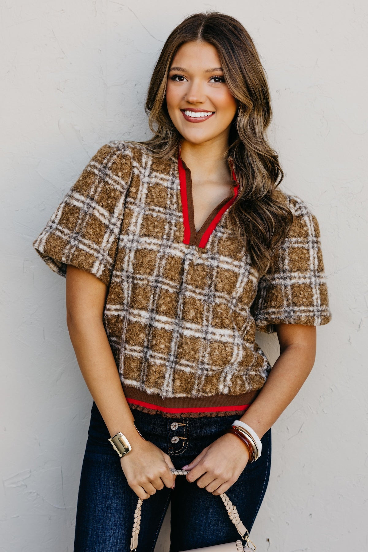 The Kynn Striped Band Detailed Plaid Sherpa Top