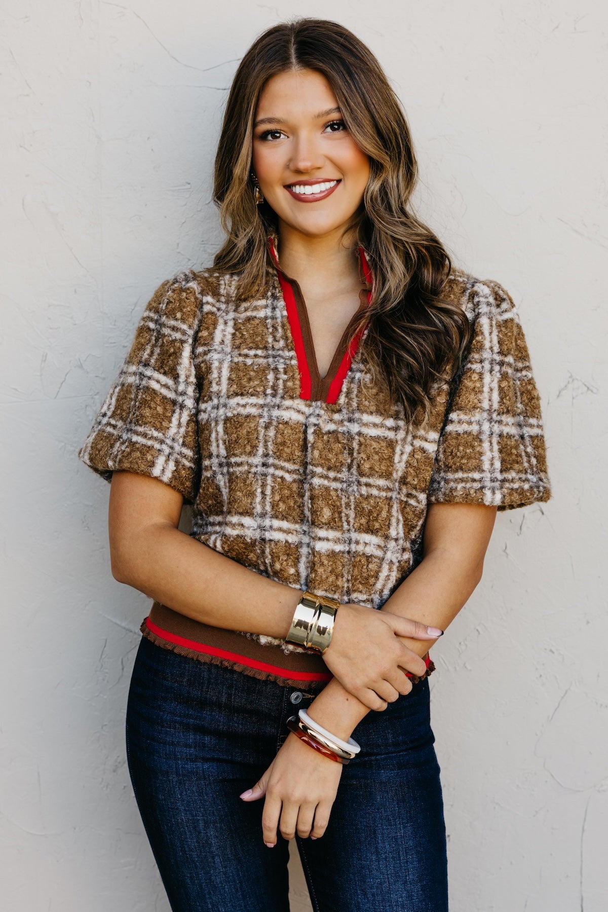 The Kynn Striped Band Detailed Plaid Sherpa Top