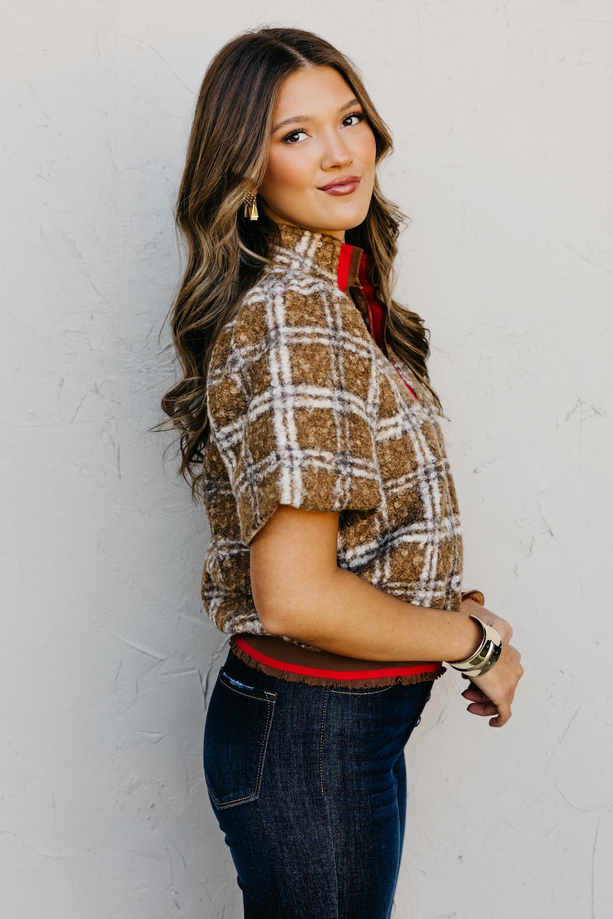 The Kynn Striped Band Detailed Plaid Sherpa Top