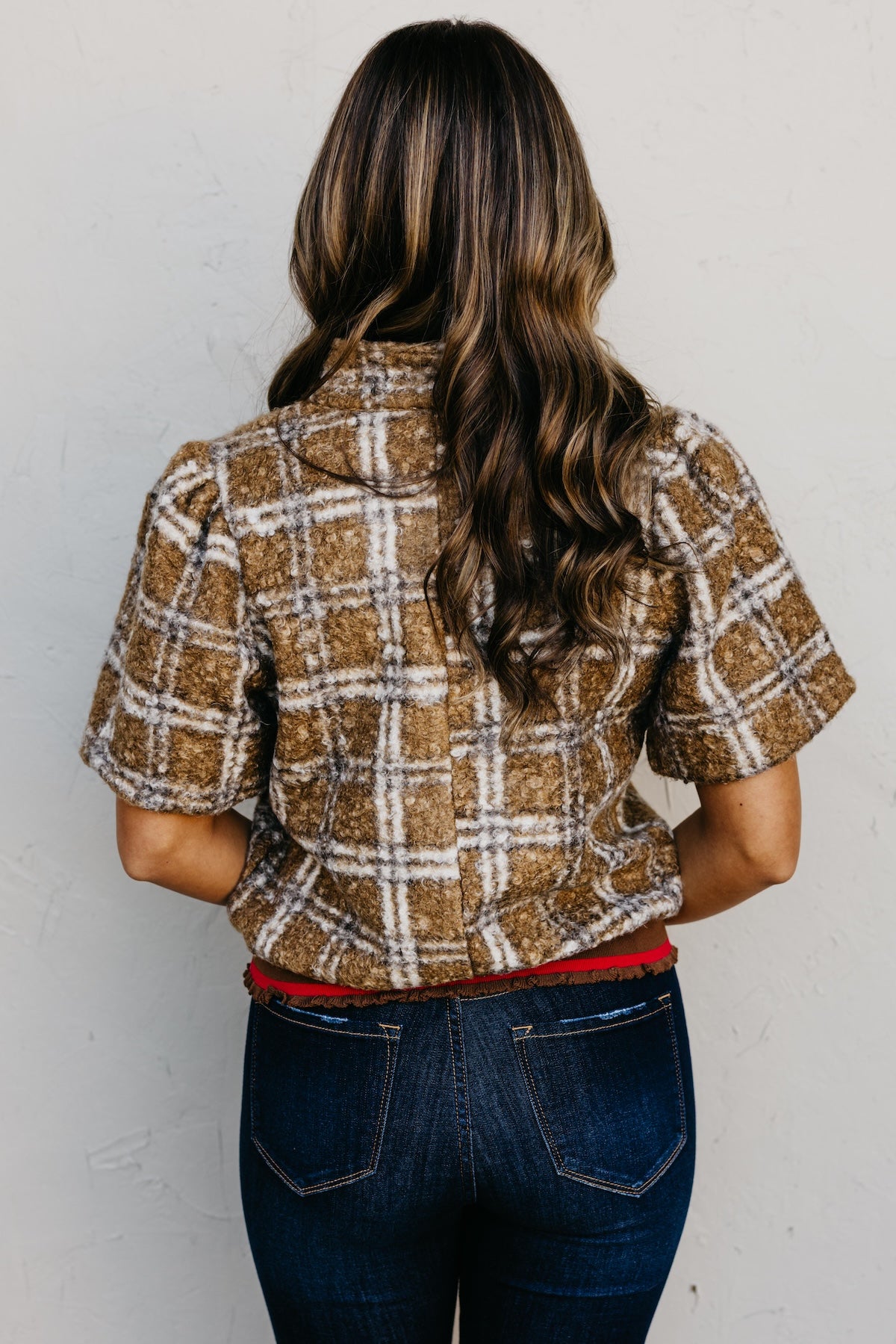 The Kynn Striped Band Detailed Plaid Sherpa Top